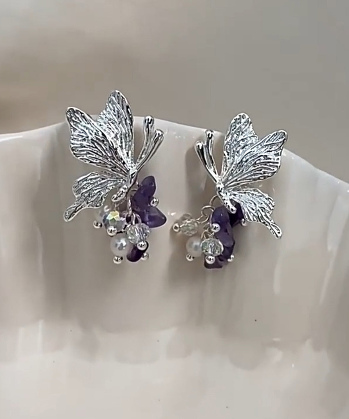 Silk Fine Tassel Earrings Sterling Stud Pearl Silver Butterfly