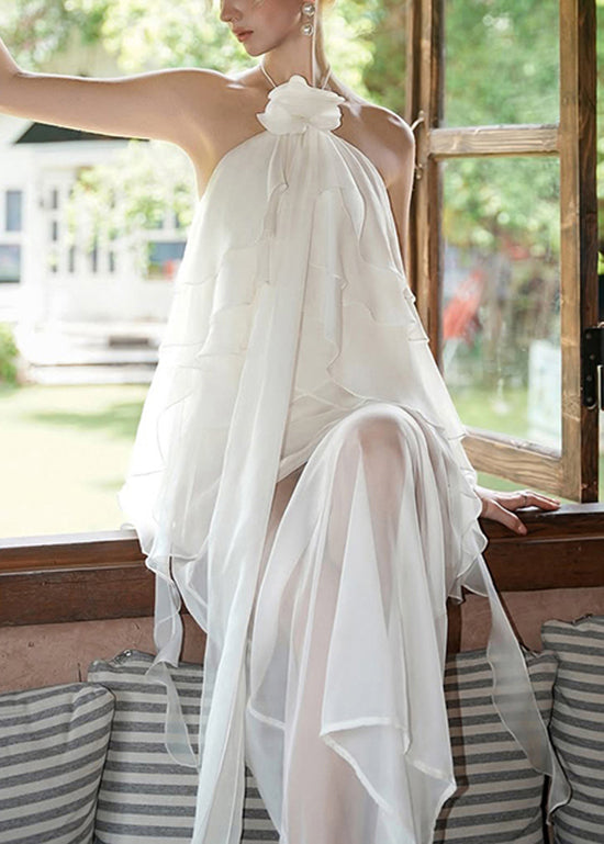 Dresses White DesignPatchwork Ruffled Fine Chiffon Asymmetrical