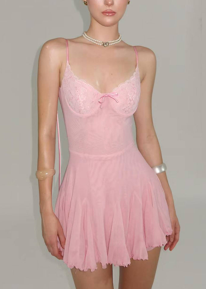 Up Patchwork Summer Tulle Dresses Lace Mini Fitted Pink Backless