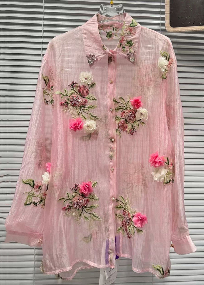 Zircon Shirts Pink Cotton Patchwork Floral Summer