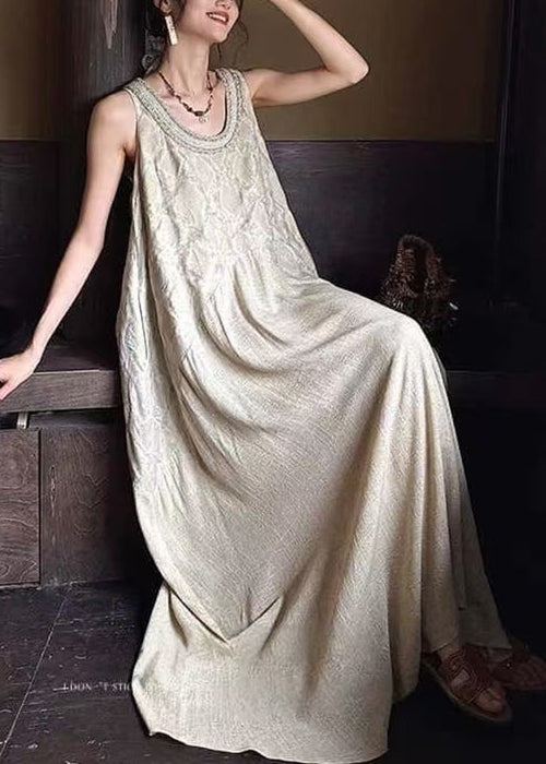 Pockets O French Patchwork Long Dress Apricot Neck Cotton