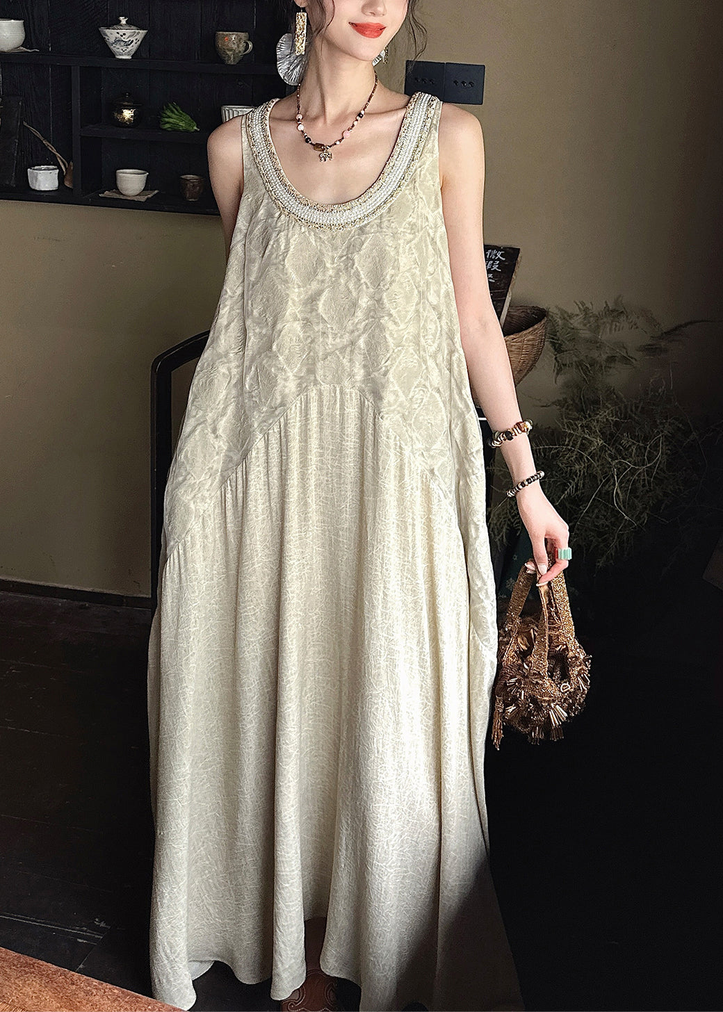 Pockets O French Patchwork Long Dress Apricot Neck Cotton