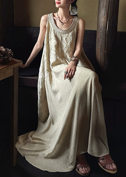 Pockets O French Patchwork Long Dress Apricot Neck Cotton