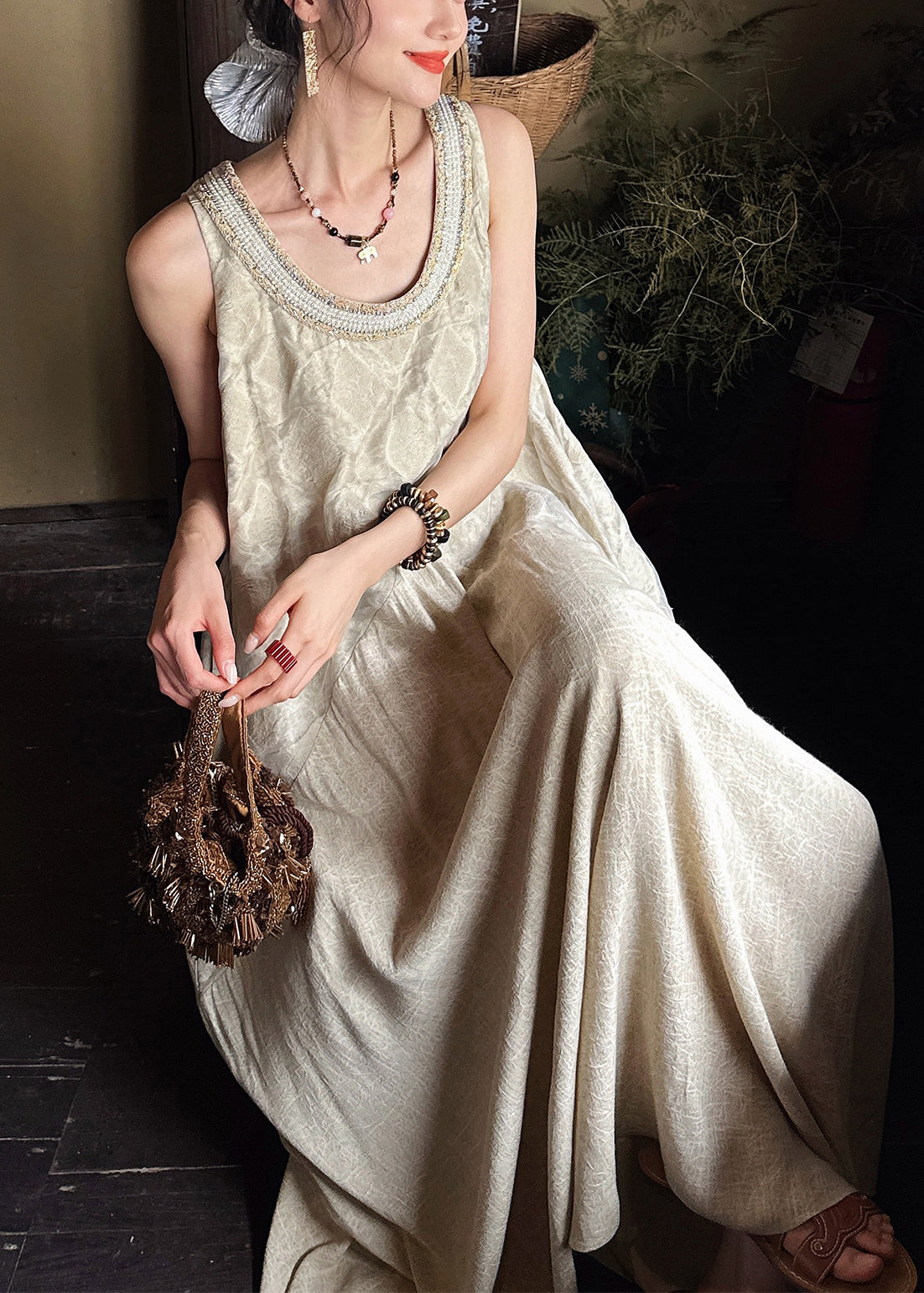 Pockets O French Patchwork Long Dress Apricot Neck Cotton