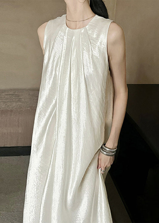 Long French Neck Beige O Solid Dresses Silk Sleeveless