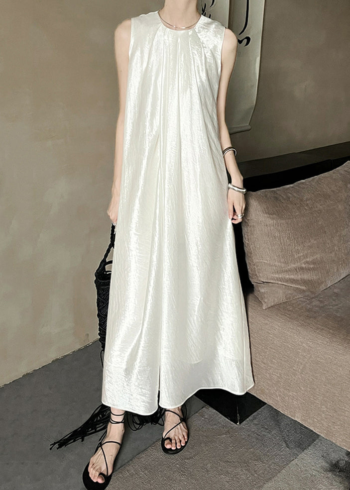 Long French Neck Beige O Solid Dresses Silk Sleeveless