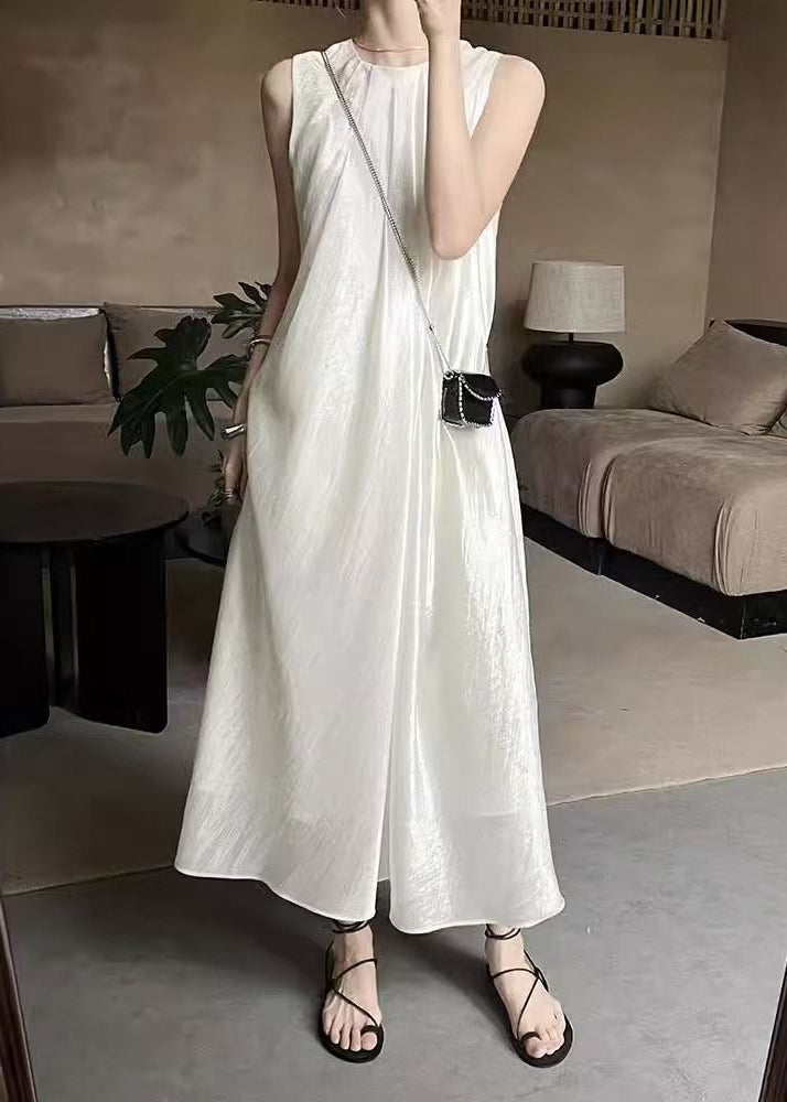 Long French Neck Beige O Solid Dresses Silk Sleeveless