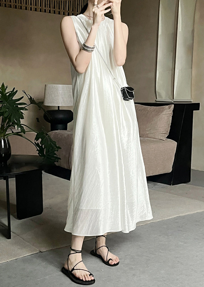 Long French Neck Beige O Solid Dresses Silk Sleeveless