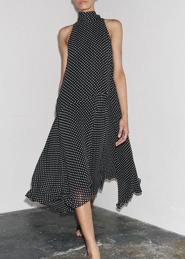 Chiffon Sleeveless French Dress Long Dot Print Black