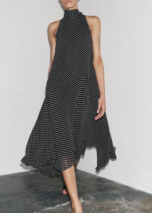 Chiffon Sleeveless French Dress Long Dot Print Black