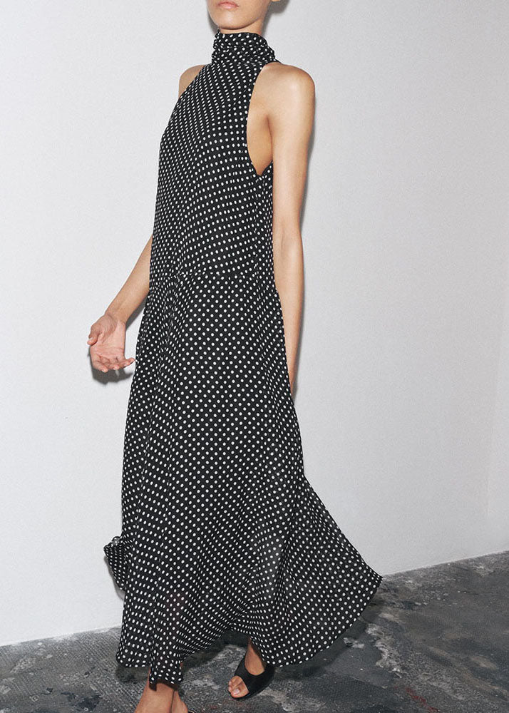 Chiffon Sleeveless French Dress Long Dot Print Black