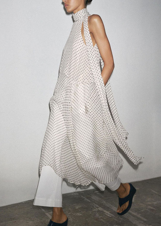 Chiffon Sleeveless French Dress Long Dot Print Black