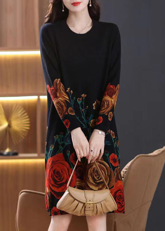 French Black O-Neck Print Wool Knit Dresses Spring TB013