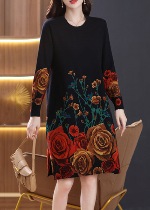French Black O-Neck Print Wool Knit Dresses Spring TB013