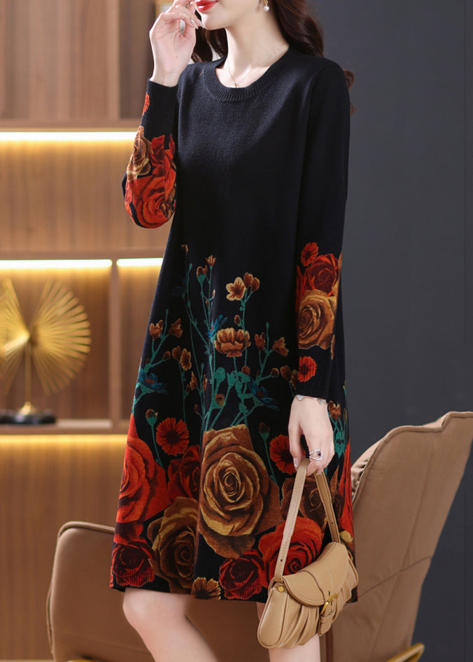 French Black O-Neck Print Wool Knit Dresses Spring TB013