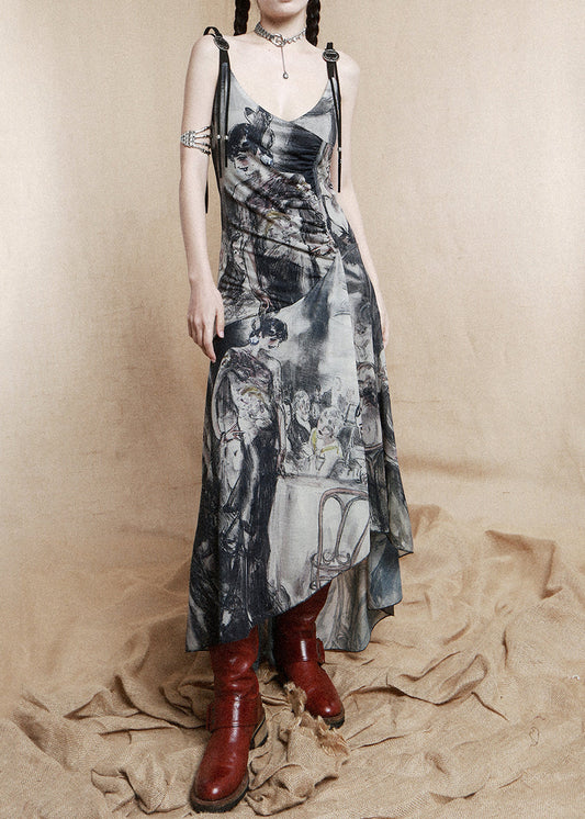 Französisches schwarzes V-Ausschnitt Low High Design Baumwolle Spaghettiträger Kleid ärmellos EE1039