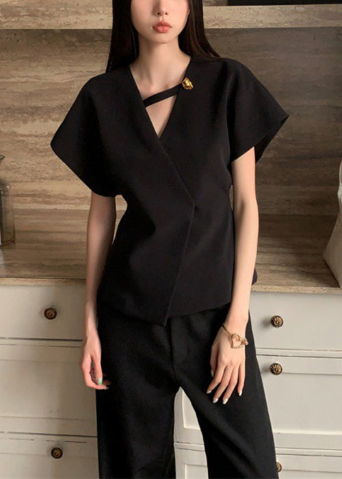 Neck French Solid V Spandex Black Summer Shirt