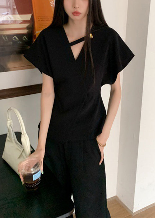 Neck French Solid V Spandex Black Summer Shirt
