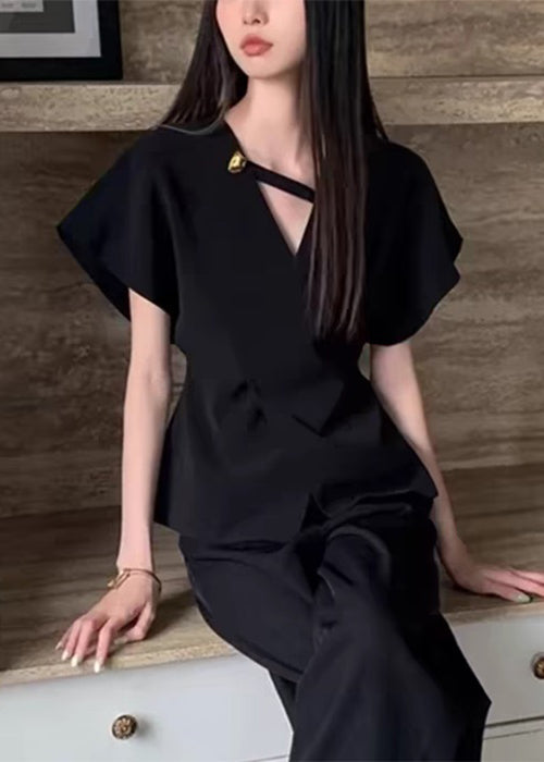 Neck French Solid V Spandex Black Summer Shirt