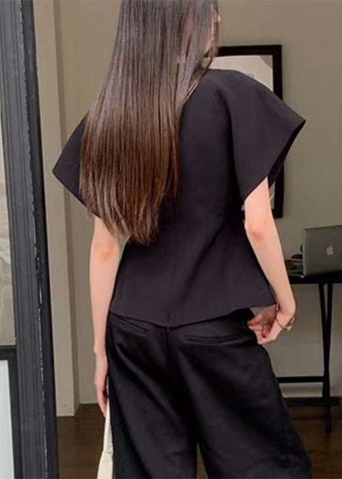 Neck French Solid V Spandex Black Summer Shirt