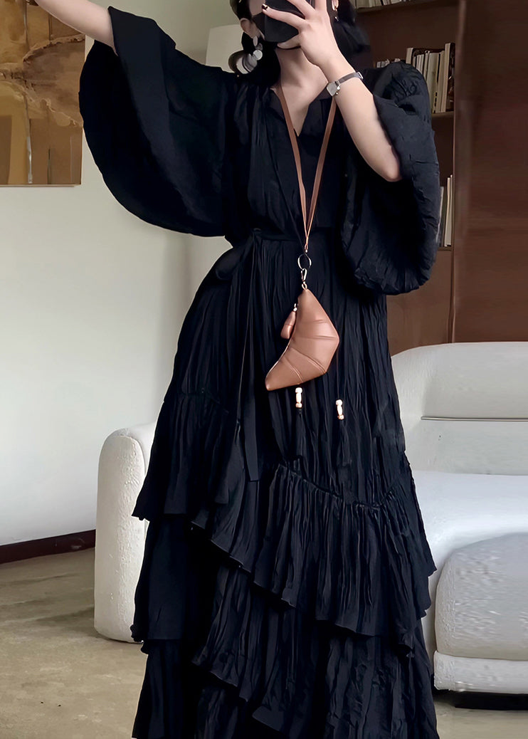 V Wrinkled Fall French Long Black Neck Solid Dress Cotton