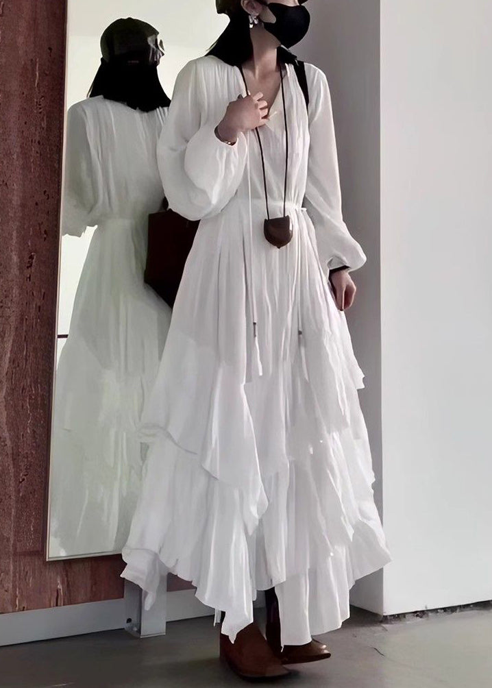 V Wrinkled Fall French Long Black Neck Solid Dress Cotton