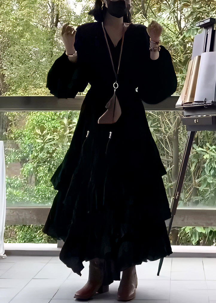 V Wrinkled Fall French Long Black Neck Solid Dress Cotton