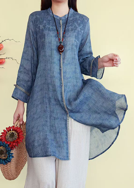 Fall Blue Linen Button Shirts Embroidered French