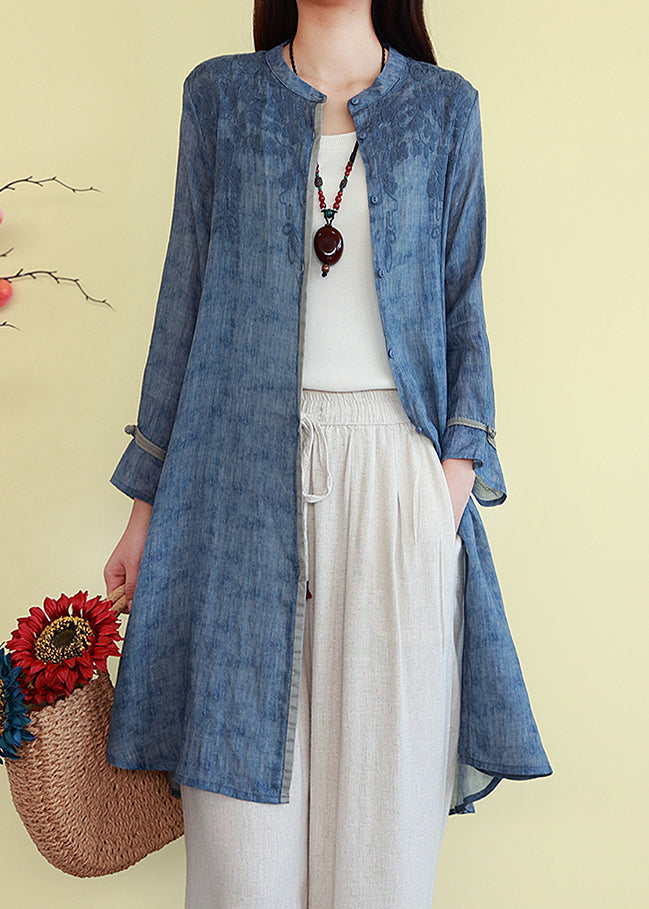 Fall Blue Linen Button Shirts Embroidered French