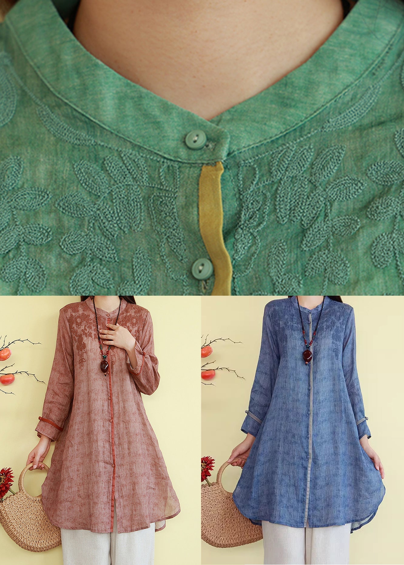 Fall Blue Linen Button Shirts Embroidered French
