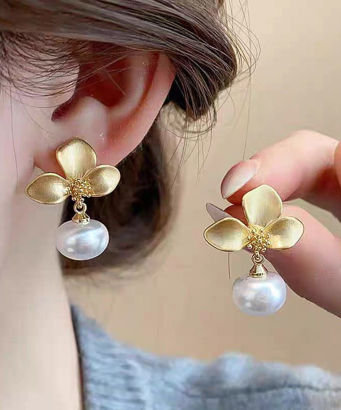 Overgild Pearl Floral Gold Earrings Drop French Copper