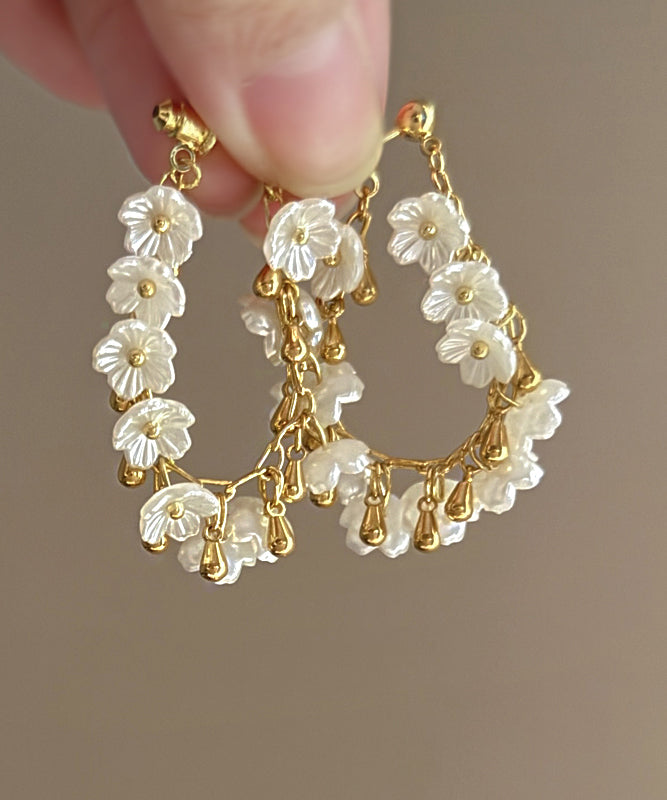 Overgild Gold Earrings Copper Tassel French Hoop Floral