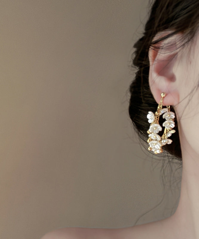 Overgild Gold Earrings Copper Tassel French Hoop Floral