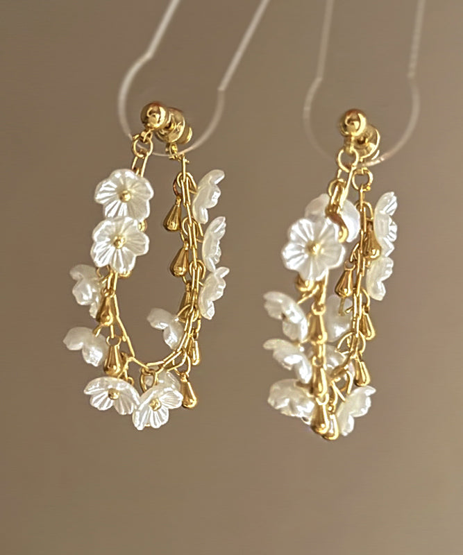 Overgild Gold Earrings Copper Tassel French Hoop Floral