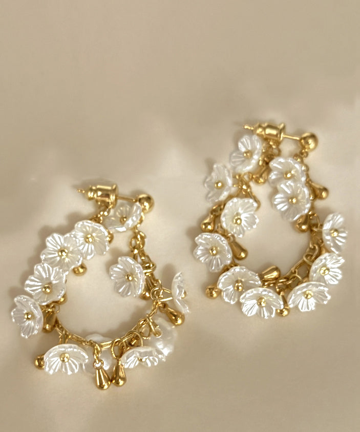 Overgild Gold Earrings Copper Tassel French Hoop Floral