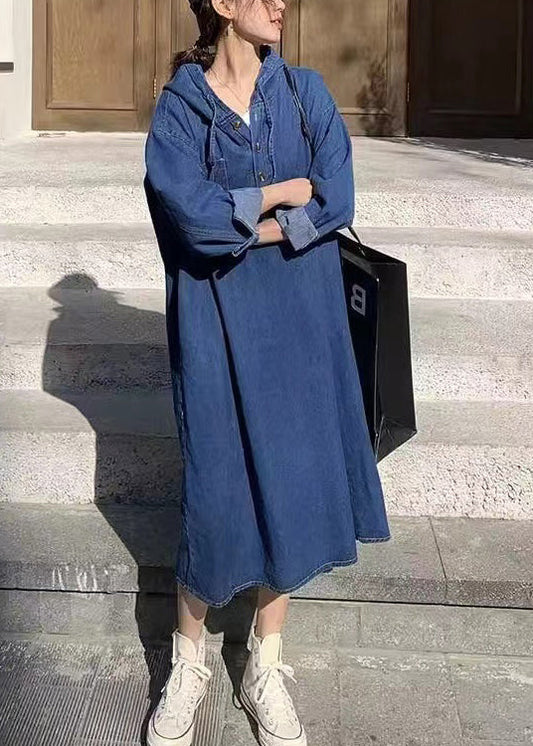 Französisches Marineblaues Patchwork-Jeanskleid mit Kapuze und Knopfleiste, Frühling WW1010