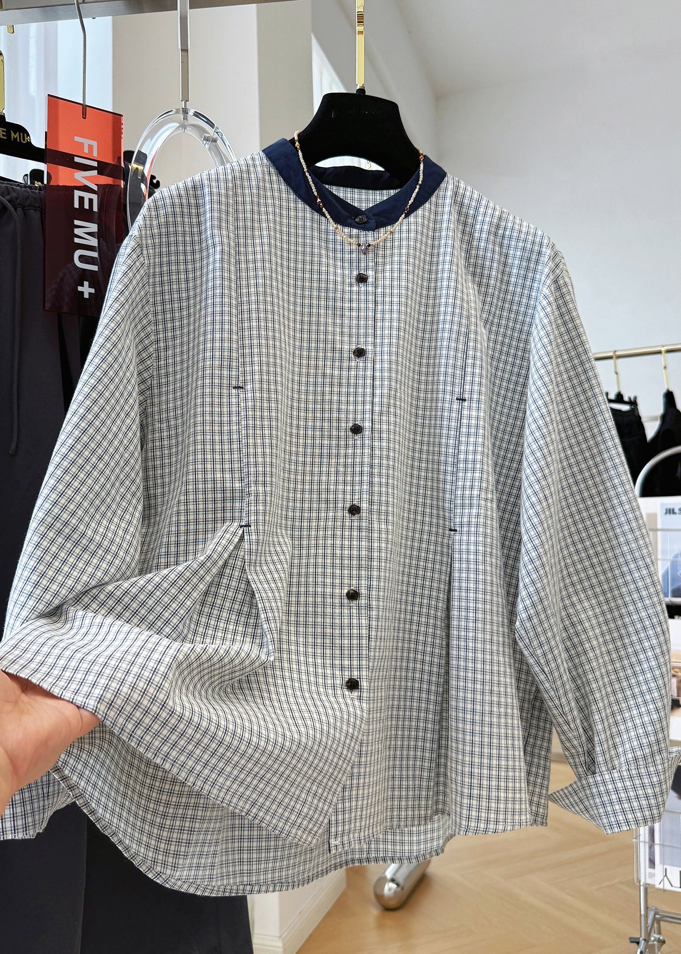 Fall O Neck Button Shirts Top Plaid French Cotton