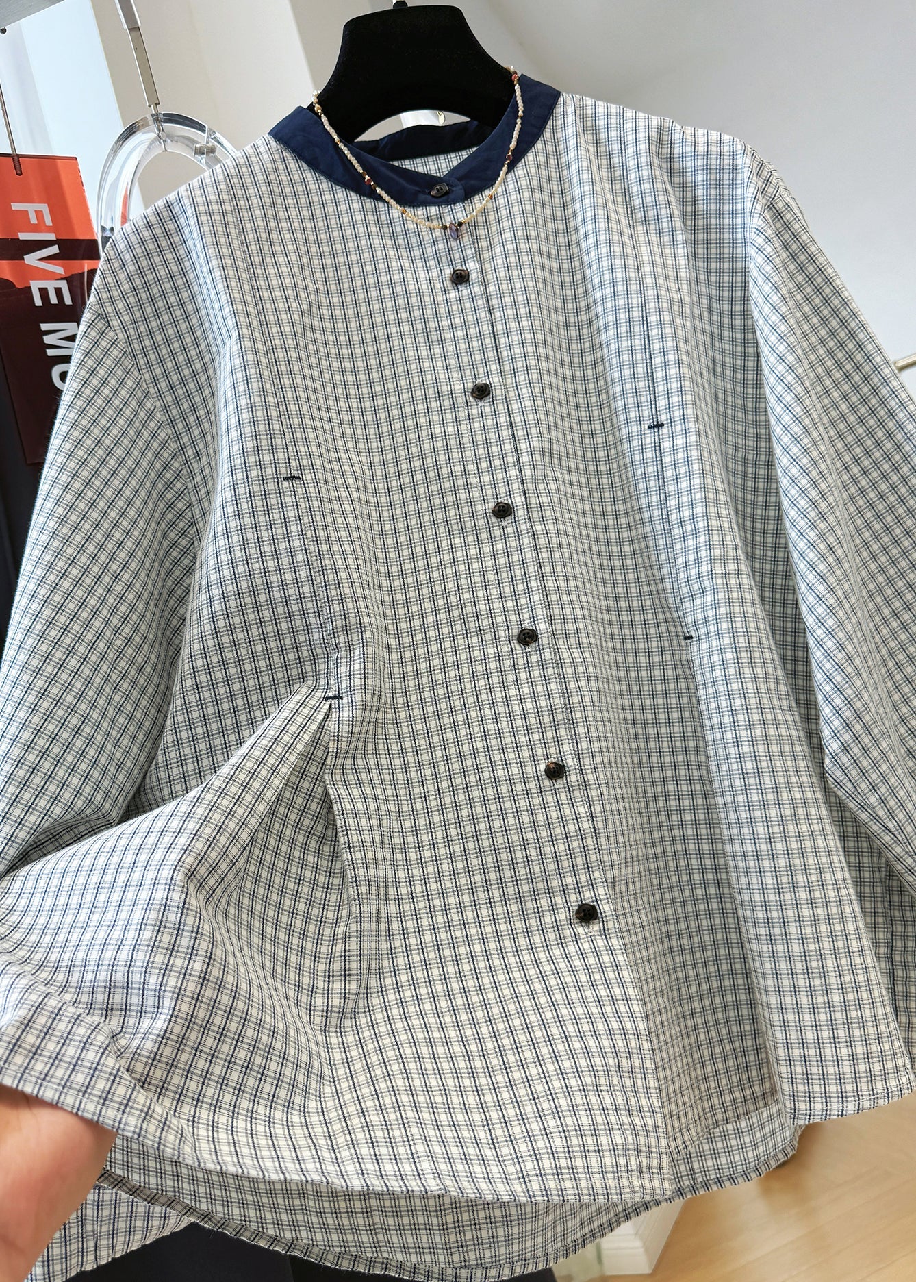 Fall O Neck Button Shirts Top Plaid French Cotton