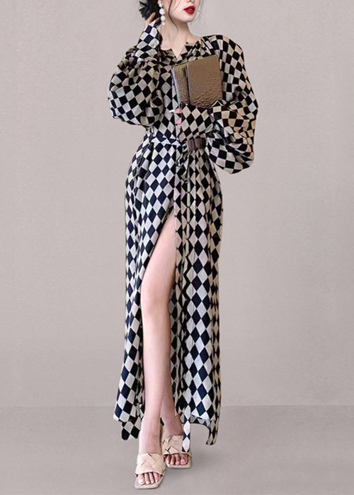 Long Chiffon Pockets Tie Dresses Fall Plaid Waist French