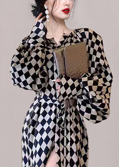 Long Chiffon Pockets Tie Dresses Fall Plaid Waist French