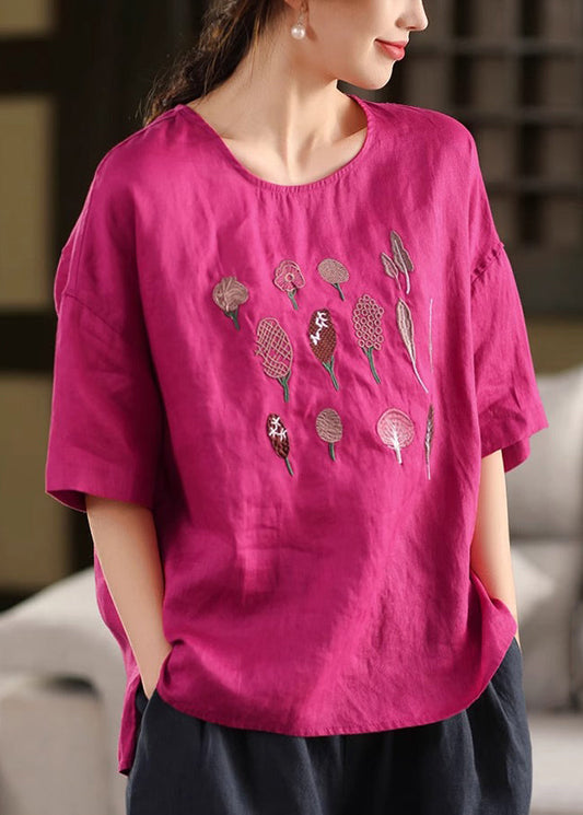French Half Side Cotton Open Rose Embroidered Sleeve Shirt T