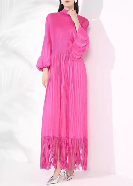 French Rose Cotton Wrinkled Long DressesFall Turtleneck Tasseled