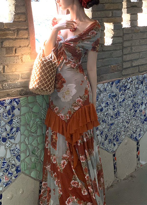 Patchwork Long French Summer Cotton Ruffled Dress Print