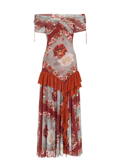 Patchwork Long French Summer Cotton Ruffled Dress Print