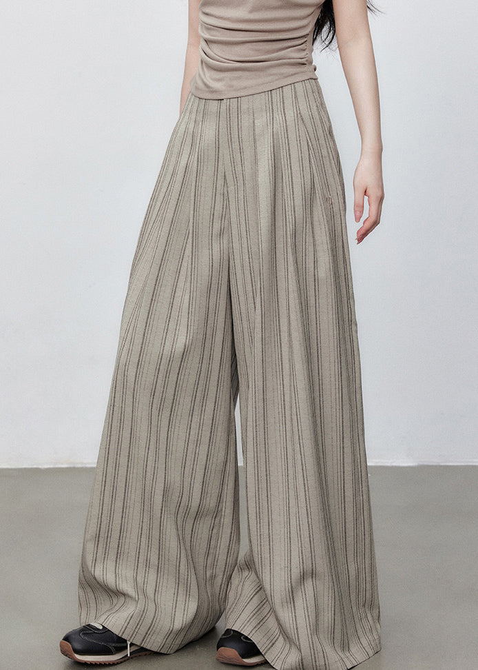 Pants French Waist High Leg Striped Cotton Wide Button Pockets