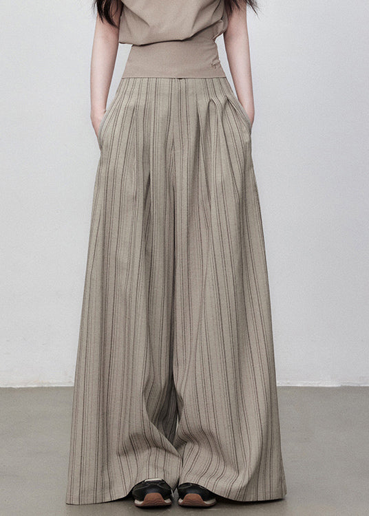 Pants French Waist High Leg Striped Cotton Wide Button Pockets