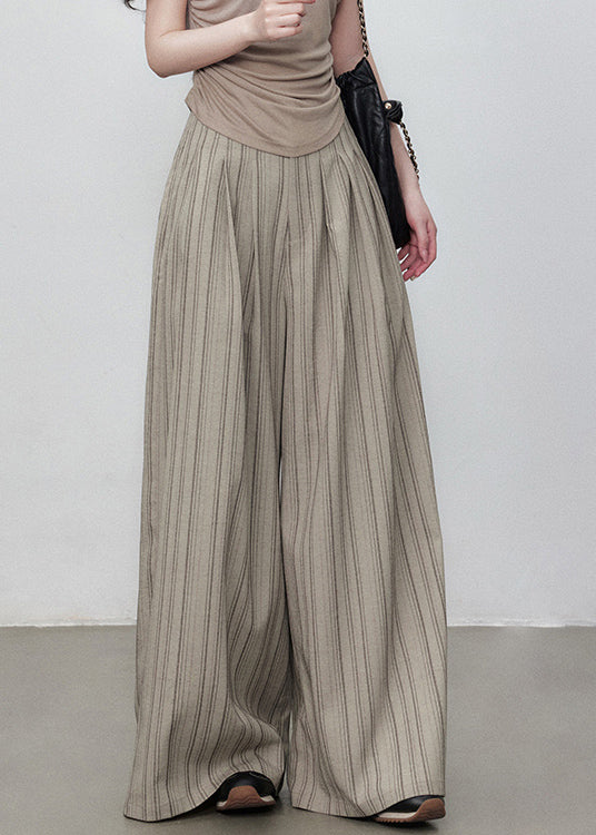 Pants French Waist High Leg Striped Cotton Wide Button Pockets