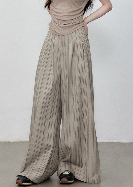 Pants French Waist High Leg Striped Cotton Wide Button Pockets