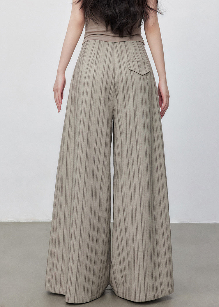 Pants French Waist High Leg Striped Cotton Wide Button Pockets