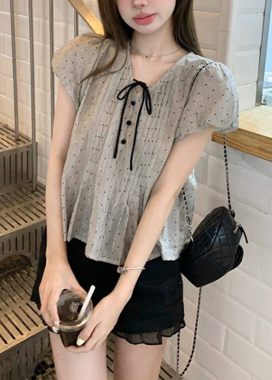 Wrinkled V Sleeve Top Puff Neck Lace Cotton French Up